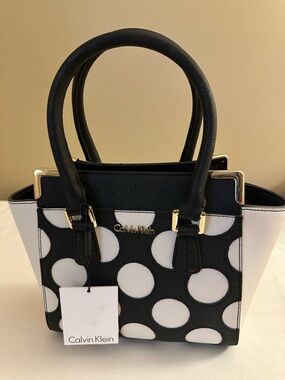 Calvin Klein Black & White Polka Dot Satchel with Gold Accents